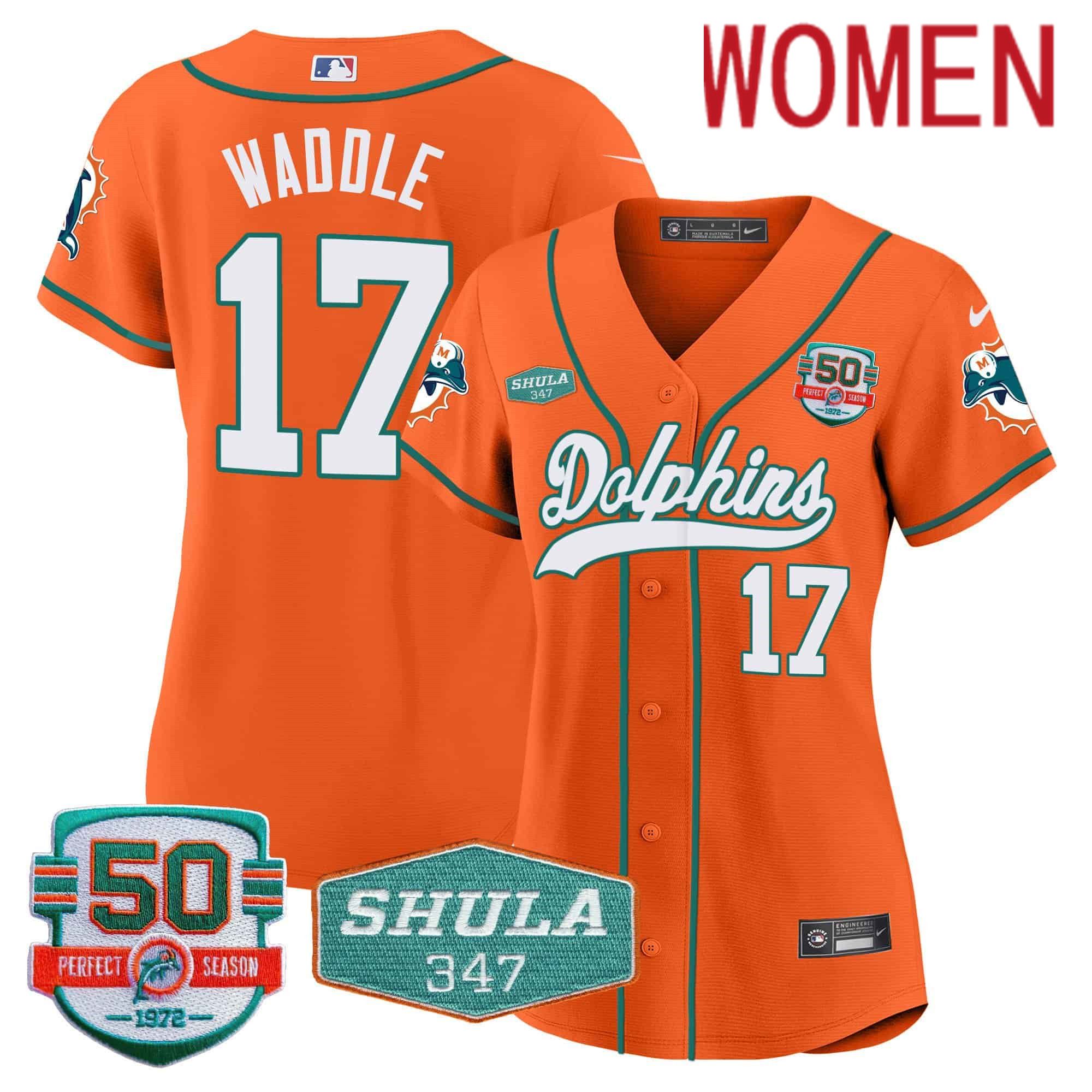 Women Miami Dolphins #17 Waddle Orange 2024 Nike 50th Don Shula Memorial Patch Baseball NFL Jersey